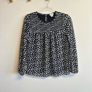 J. Crew Factory Smocked Floral Long Sleeve Top Size 2 Blue White Flowy